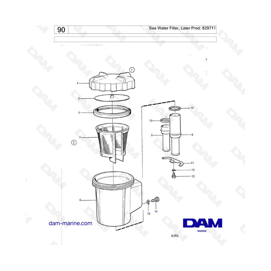 Volvo Penta MD1B / MD2B / MD3B - Filtro de agua de mar, posterior Prod: 829711