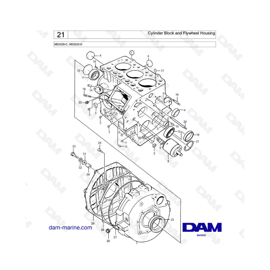 Volvo Penta MD2020-C / MD2020-D - Bloque de cilindros y carcasa del volante