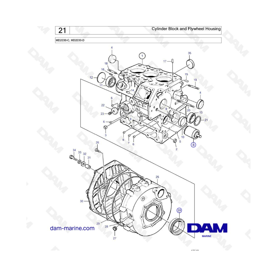 Volvo Penta MD2030-C / MD2030-D - Bloque de cilindros y carcasa del volante