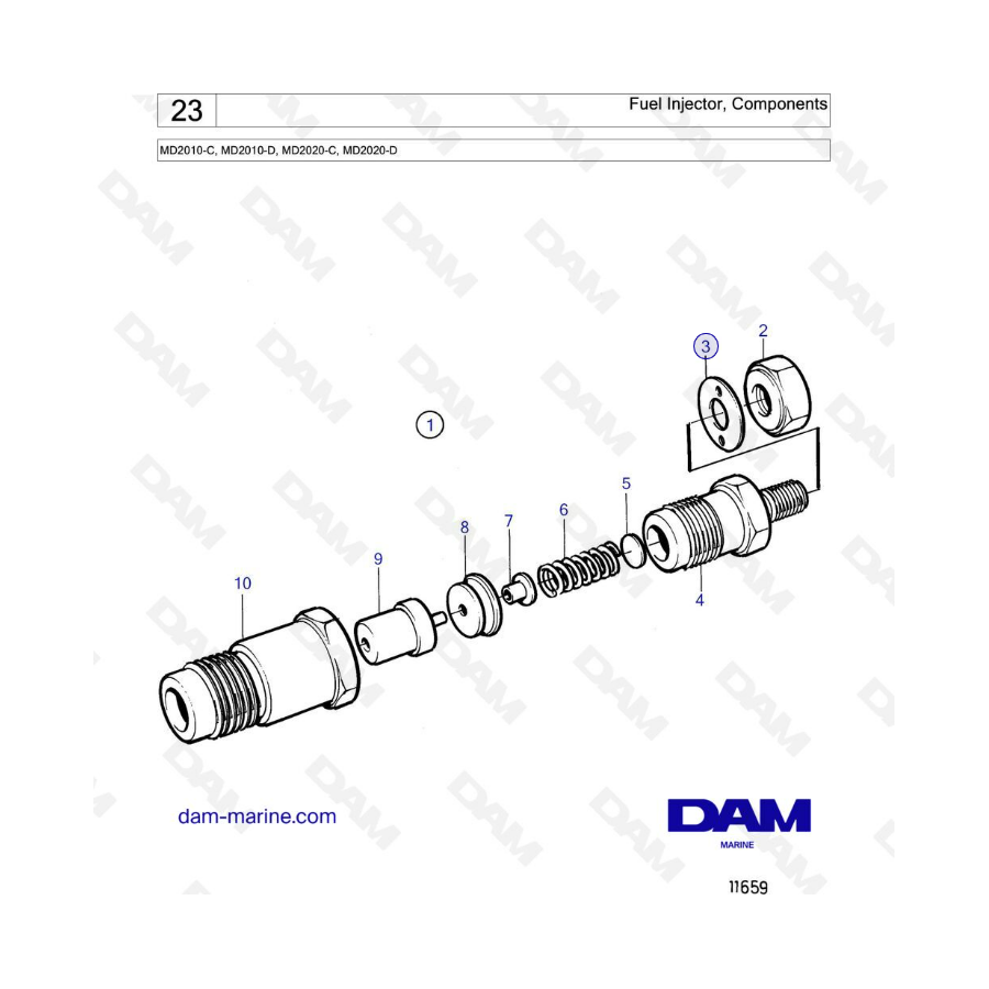 Volvo Penta MD2010-C / MD2010-D / MD2020-C / MD2020-D - Componentes del inyector de combustible