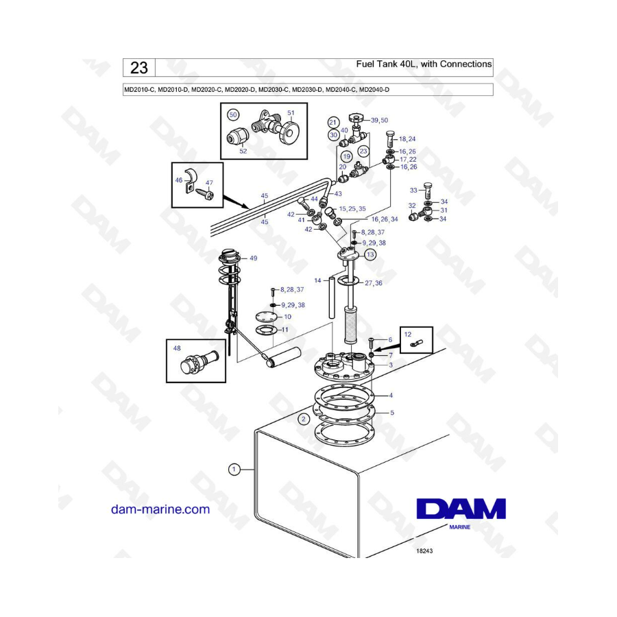 Volvo Penta MD2010-C-D / MD2020-C-D / MD2030-C-D / MD2040-C-D - Depósito de combustible 40L, con conexiones