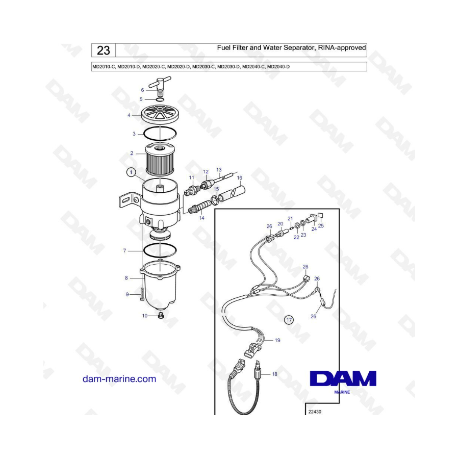 Volvo Penta MD2010-C-D / MD2020-C-D / MD2030-C-D / MD2040-C-D - Filtro de combustible y separador de agua, rina