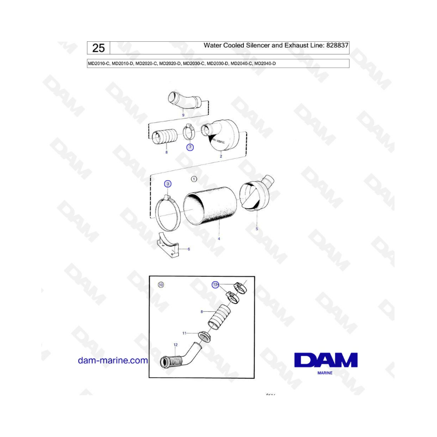 Volvo Penta MD2010-C-D / MD2020-C-D / MD2030-C-D / MD2040-C-D - Silenciador refrigerado por agua y línea de escape: 828837