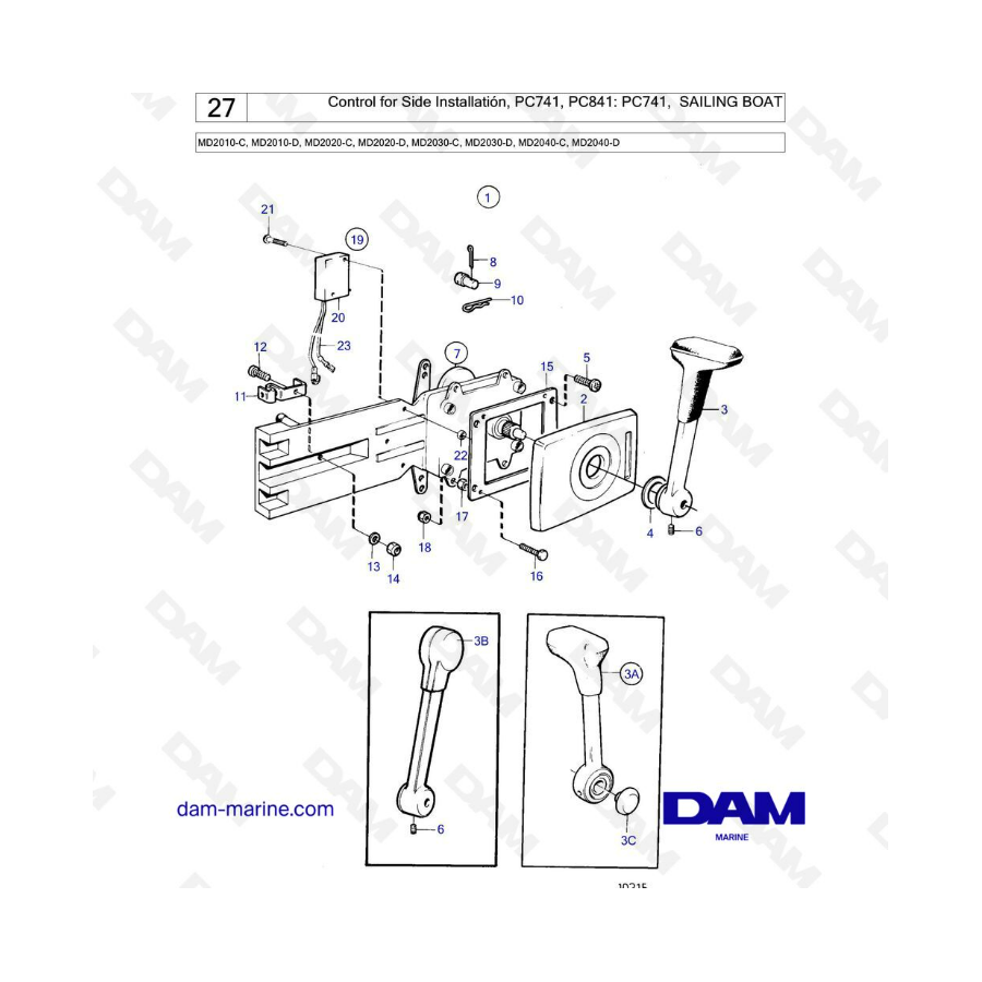 Volvo Penta MD2010-C-D / MD2020-C-D / MD2030-C-D / MD2040-C-D - Control for side installation, PC741, PC841: PC741 Sailing boat