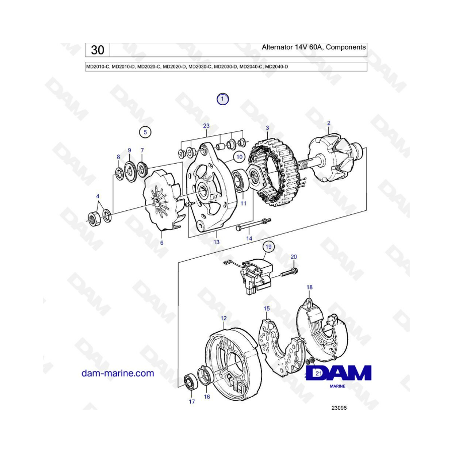 Volvo Penta MD2010-C-D / MD2020-C-D / MD2030-C-D / MD2040-C-D - Alternator 14V, 60A Comp