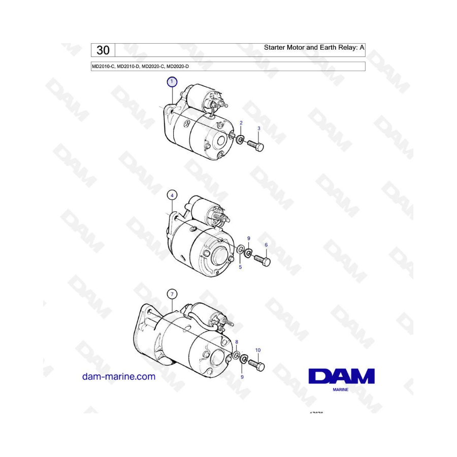 Volvo Penta MD2010-C / MD2010-D / MD2020-C / MD2020-D - Motor de arranque y relé de tierra: A