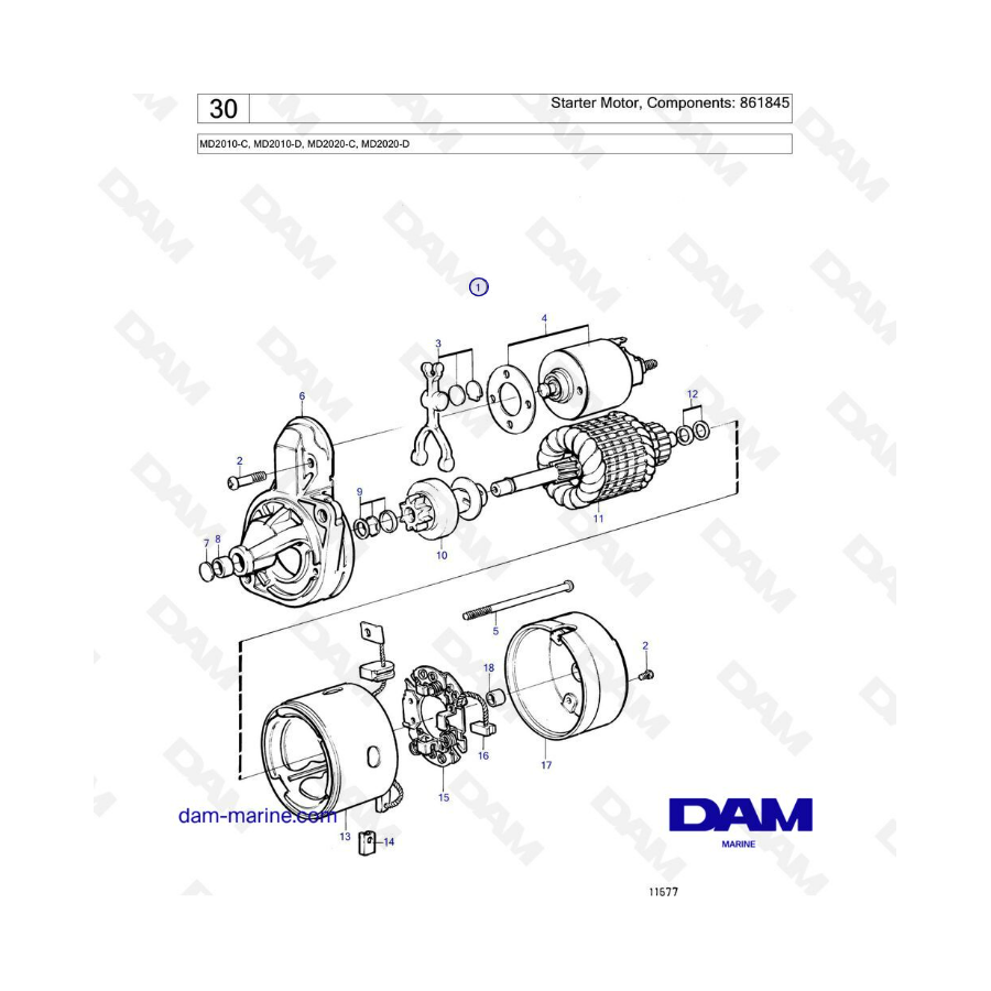 Volvo Penta MD2010-C / MD2010-D / MD2020-C / MD2020-D - Motor de arranque, componentes