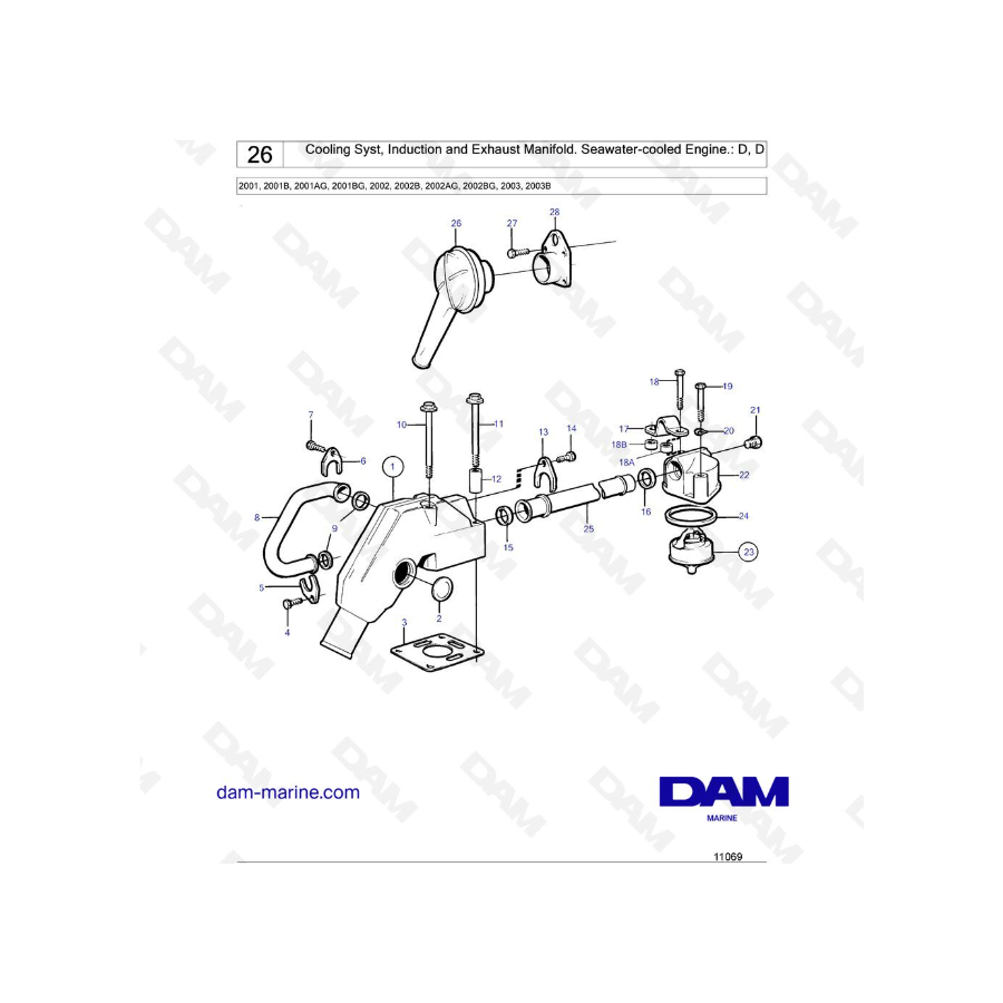 Volvo Penta 2001 / 2002 / 2003 - Cooling Syst, Induction and Exhaust Manifold. Seawater-cooled Engine.: D, D