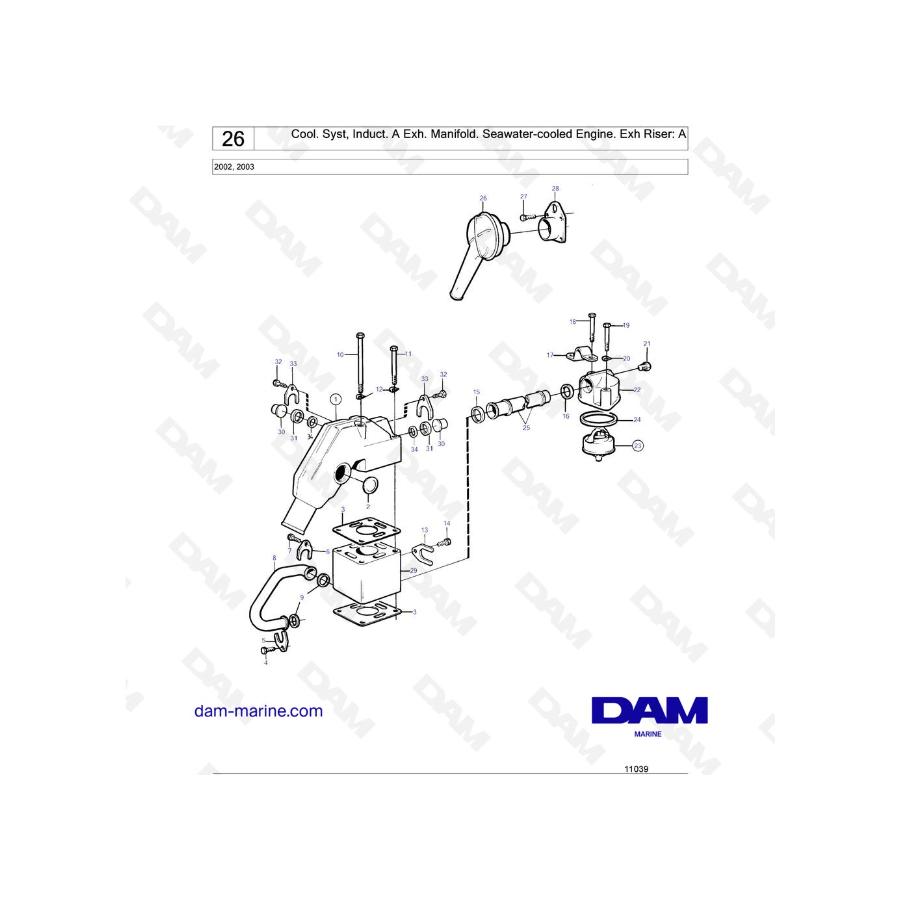 Volvo Penta 2002/2003 - Genial. Sistema, Inducción. En Exh. Colector. Motor refrigerado por agua de mar. Elevador de escape: A