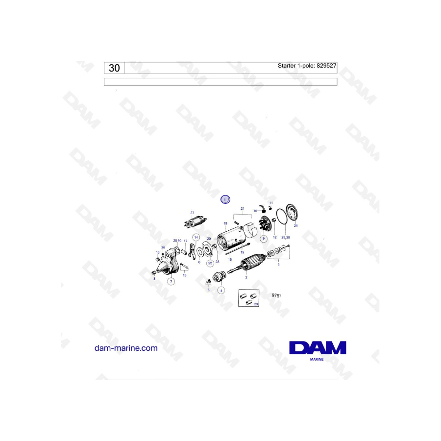 Volvo Penta 2001 / 2002 / 2003 / 2003T - Motor de arranque monopolar: 829527