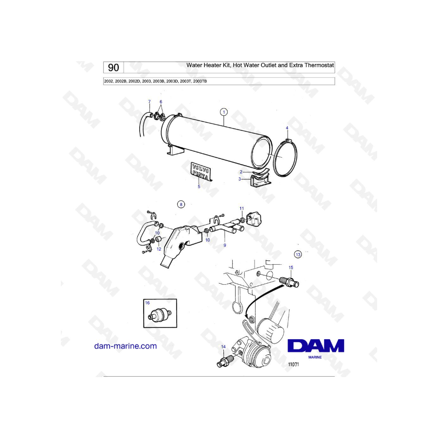 Volvo Penta 2002 / 2003 / 2003T - Kit Calentador de Agua, Salida de Agua Caliente y Termostato Extra