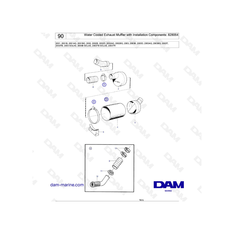 Volvo Penta 2001 / 2002 / 2003 / 2003T - Silenciador de escape refrigerado por agua con componentes de instalación: 828064