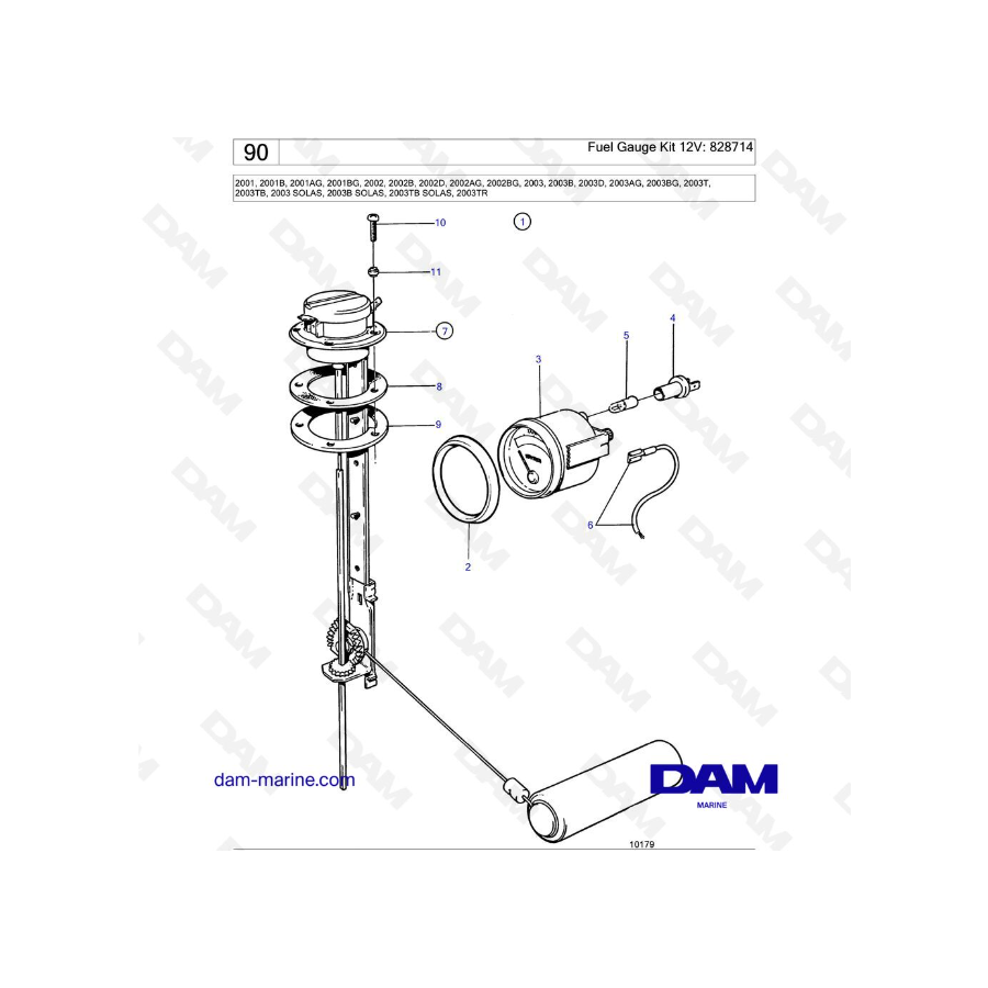 Volvo Penta 2001 / 2002 / 2003 / 2003T - Fuel Gauge Kit 12V: 828714