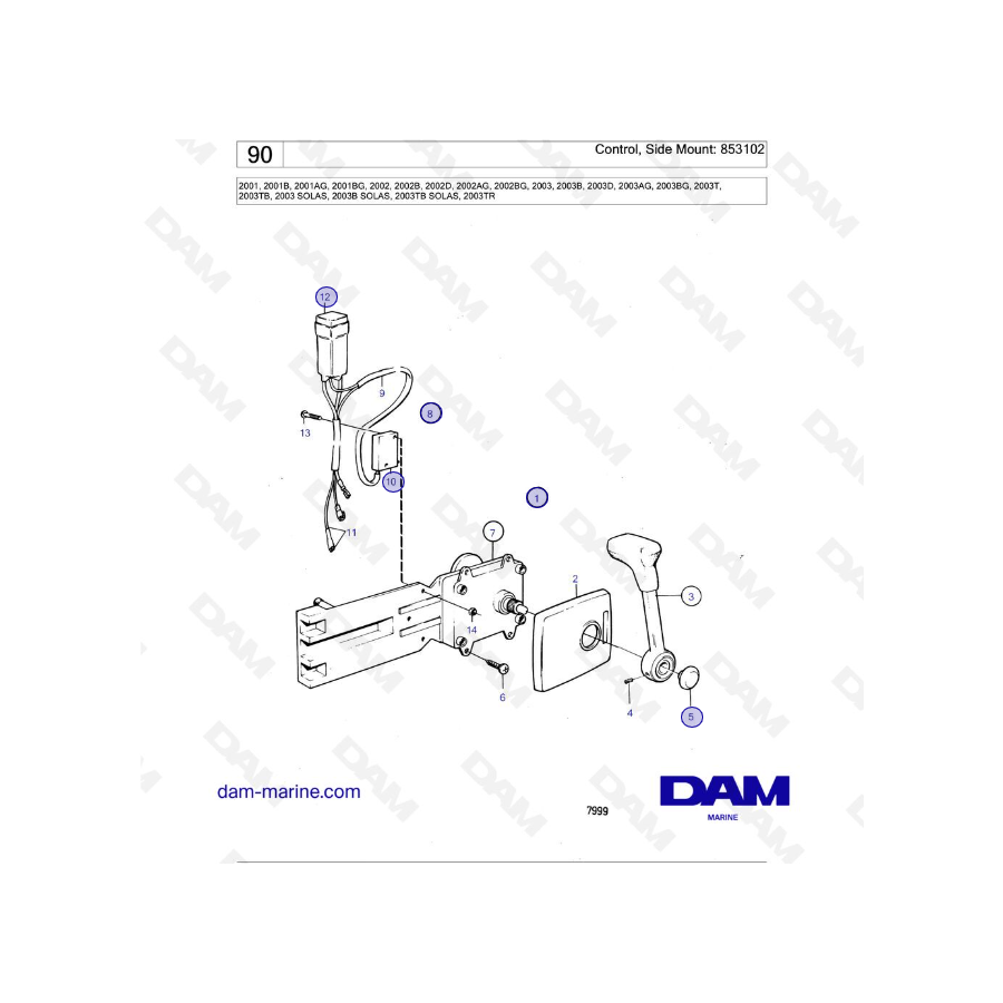 Volvo Penta 2001 / 2002 / 2003 / 2003T - Control, montaje lateral: 853102