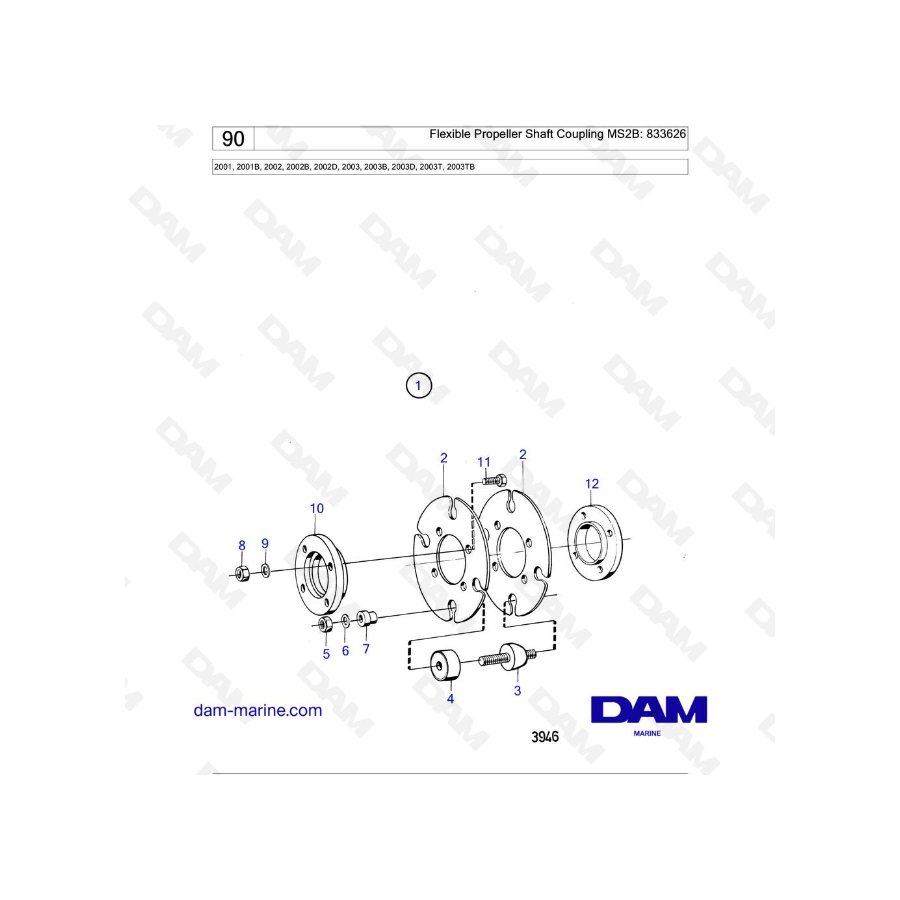 Volvo Penta 2001 / 2002 / 2003 / 2003T - Acoplamiento flexible del eje de la hélice MS2B: 833626