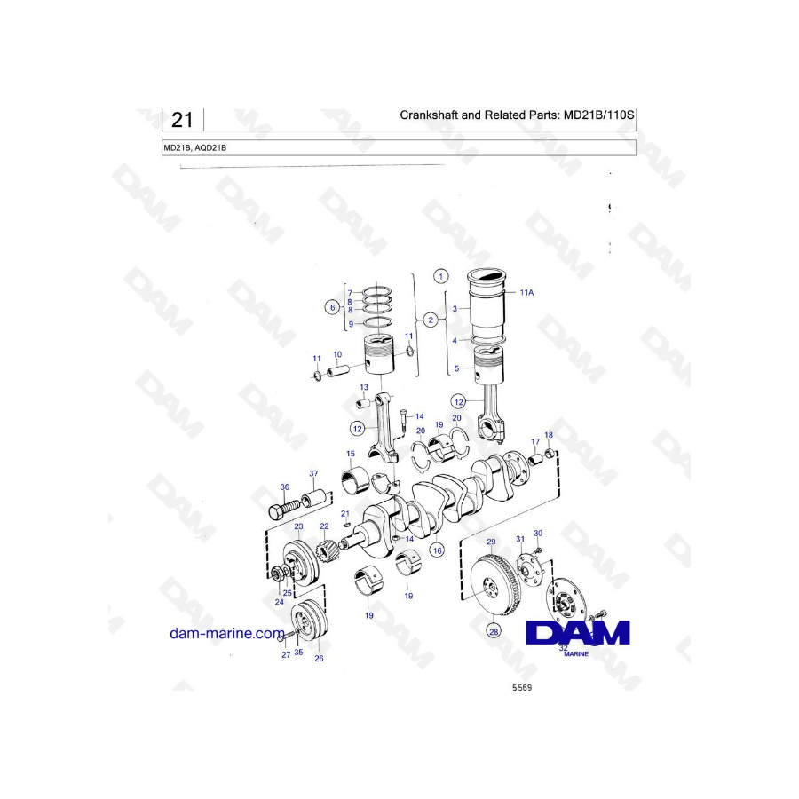 Volvo Penta MD21B / AQD21B - Cigüeñal y partes relacionadas: MD21B/110S