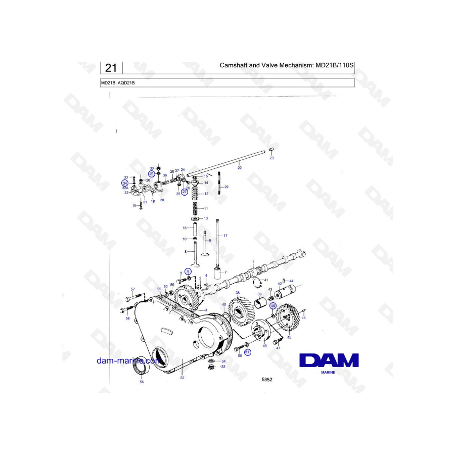 Volvo Penta MD21B / AQD21B - Árbol de levas y mecanismo de válvulas: MD21B / 110S