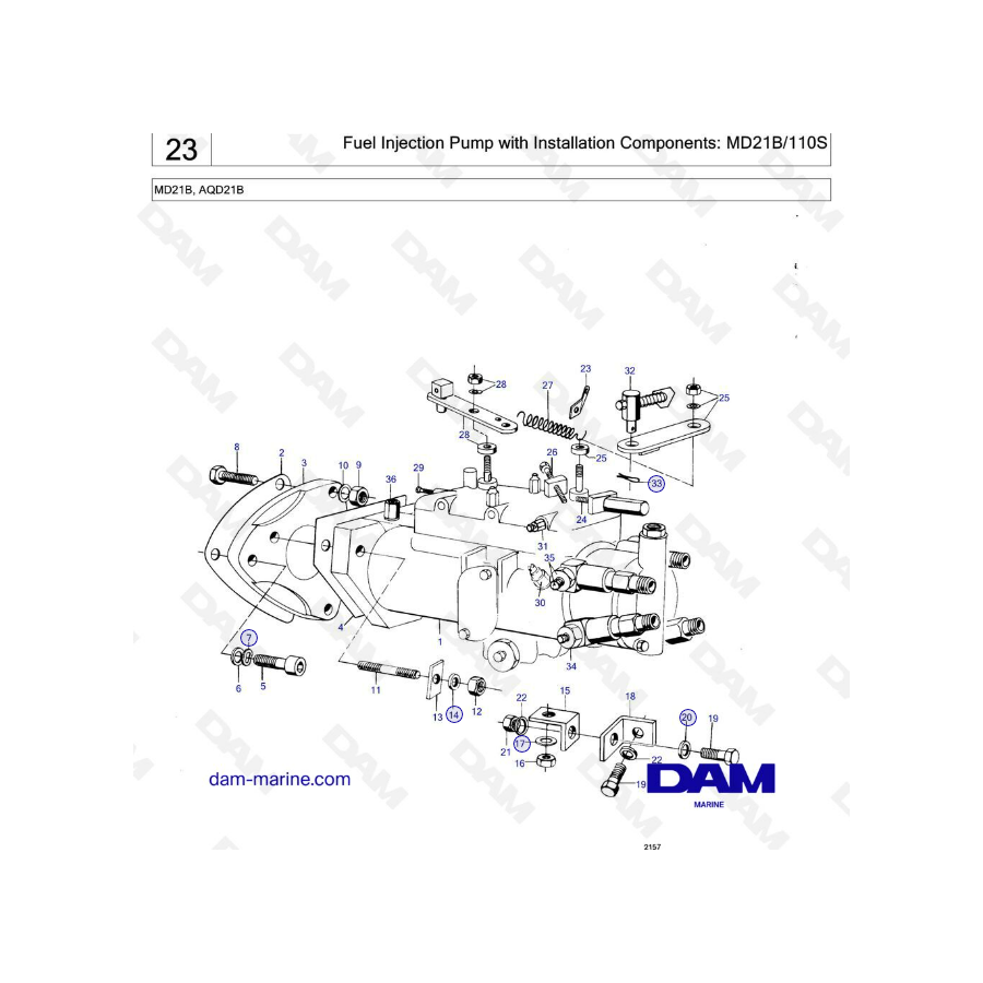 Volvo Penta MD21B / AQD21B - Bomba de inyección de combustible con componentes de instalación: MD21B / 110S