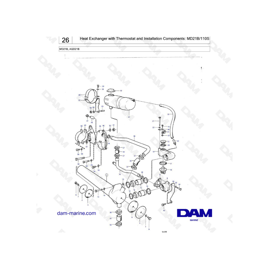 Volvo Penta MD21B / AQD21B / 110S - Heat exchanger with thermostat & installation components