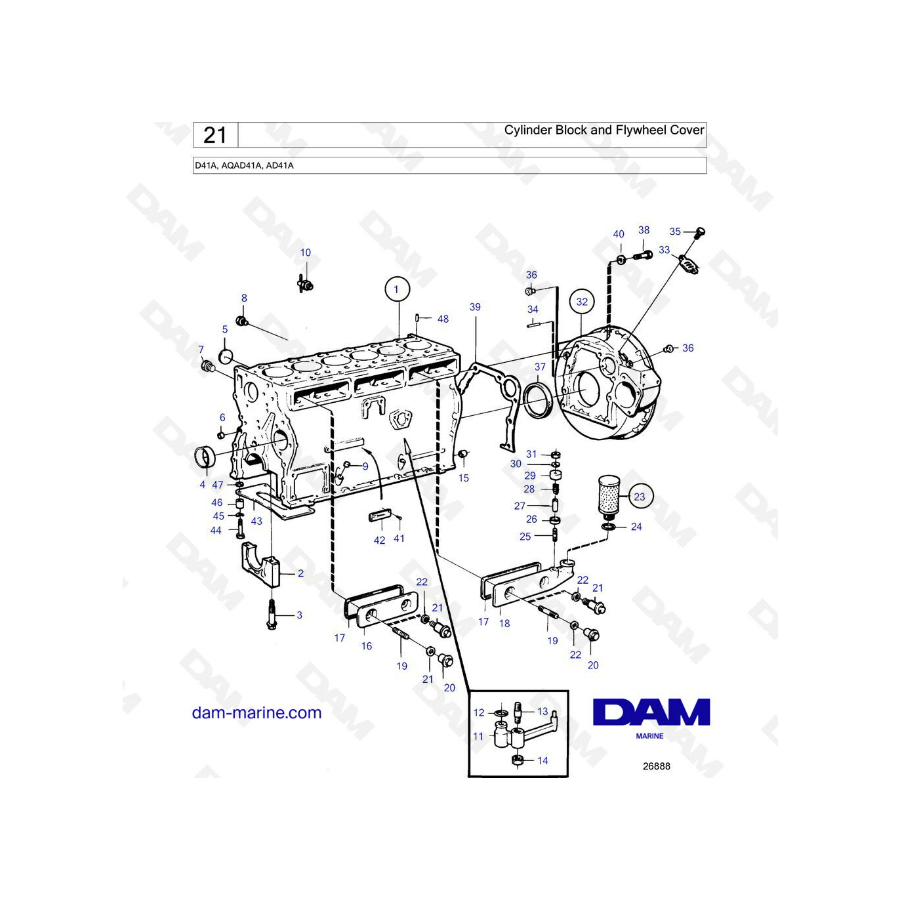 Volvo Penta D41A / AQAD41 / AD41A - Bloque de cilindros y cubierta del volante