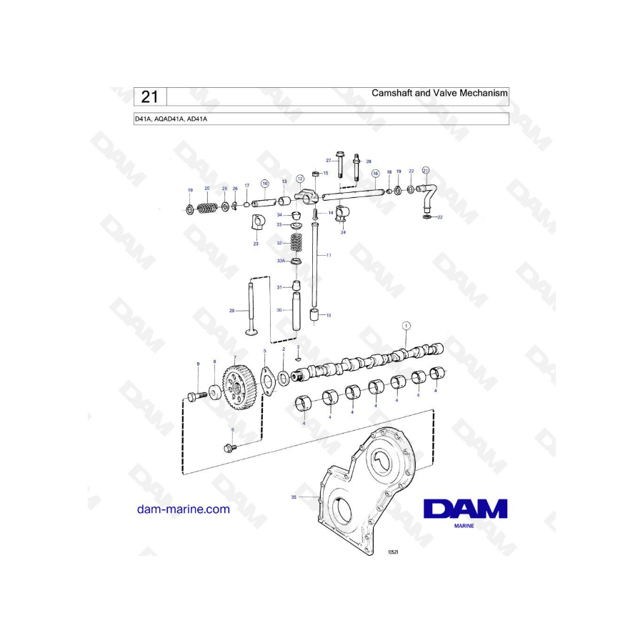 Volvo Penta D41A / AQAD41A / AD41A - Árbol de levas y mecanismo de válvula