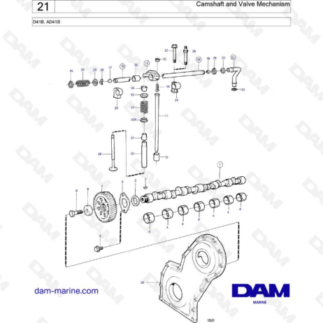 Volvo Penta D41B / AD41B - Árbol de levas y mecanismo de válvula