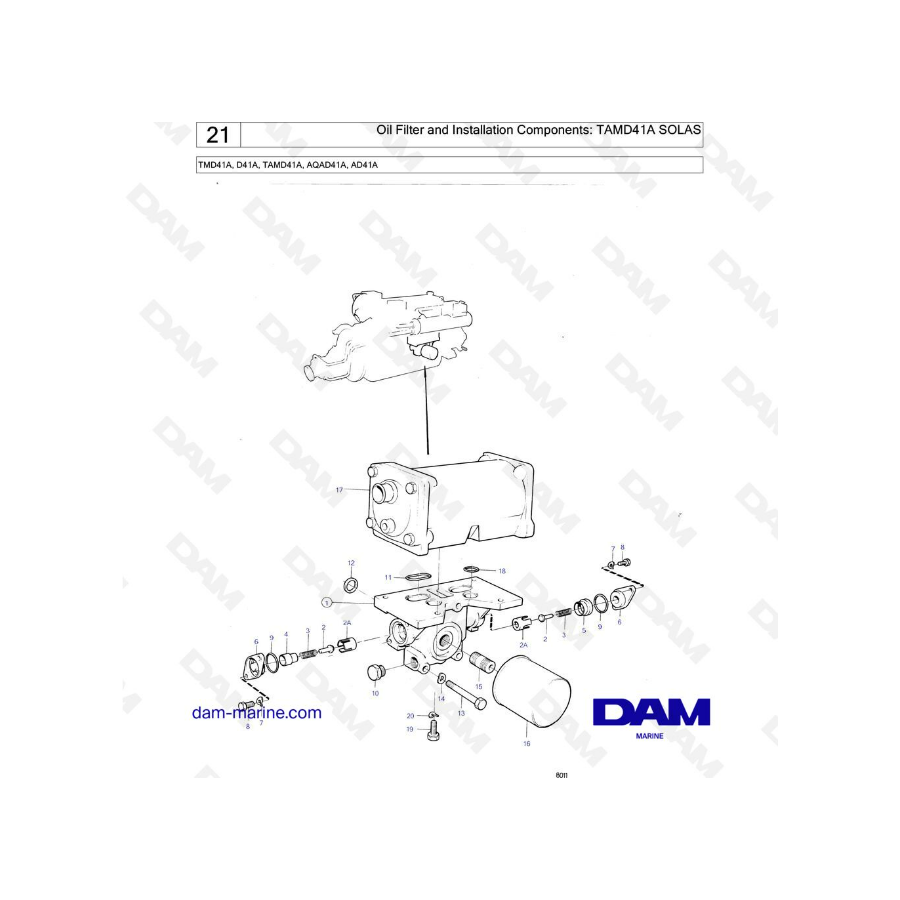 Volvo Penta TMD41A / D41A / TAMD41A / AQAD41A / AD41A - Filtro de aceite y componentes de instalación