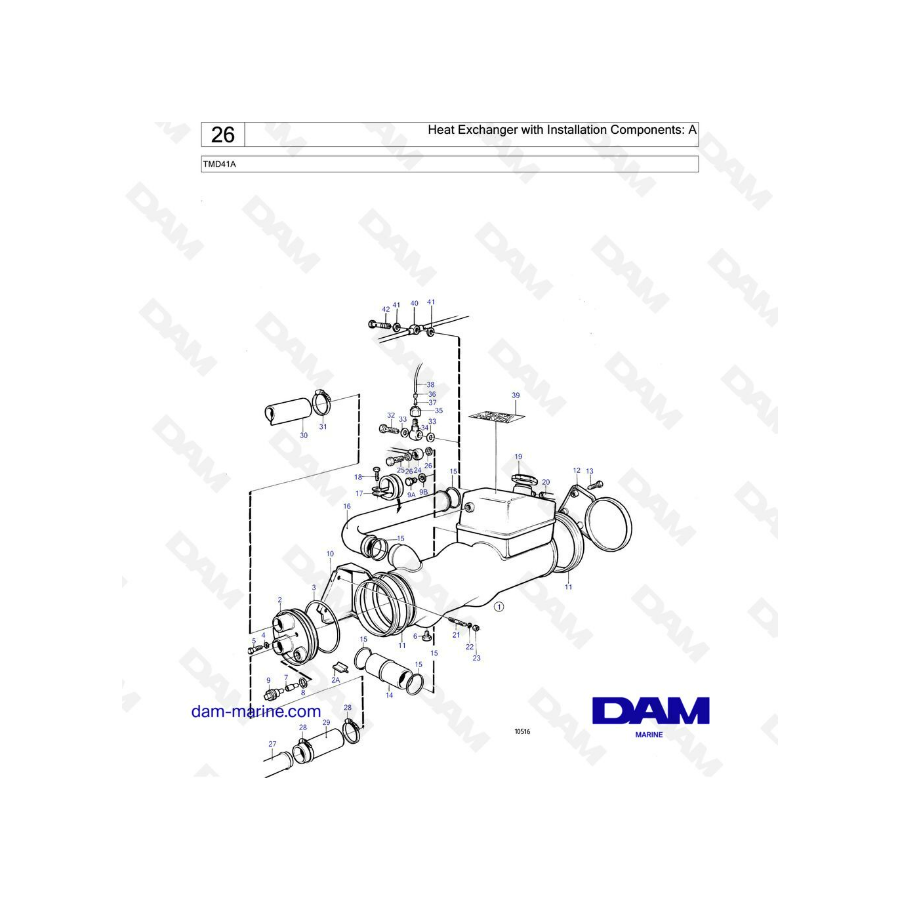 Volvo Penta TMD41A - Intercambiador de calor con componentes de instalación: A