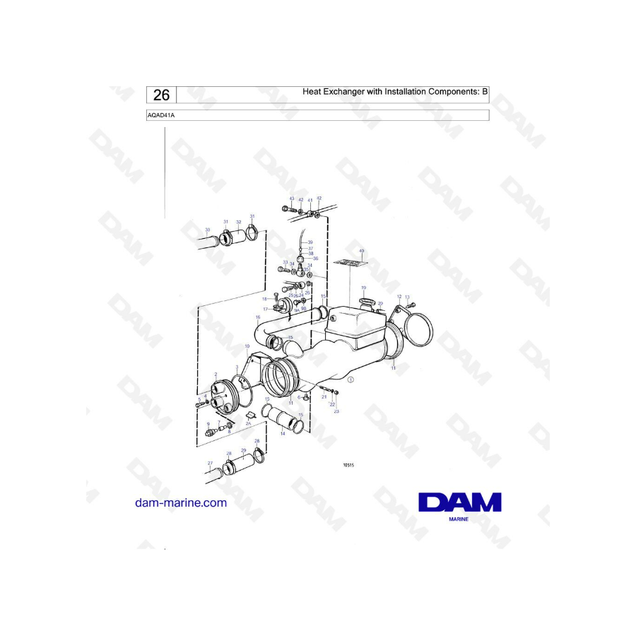 Volvo Penta AQAD41A - Intercambiador de calor con componentes de instalación: B