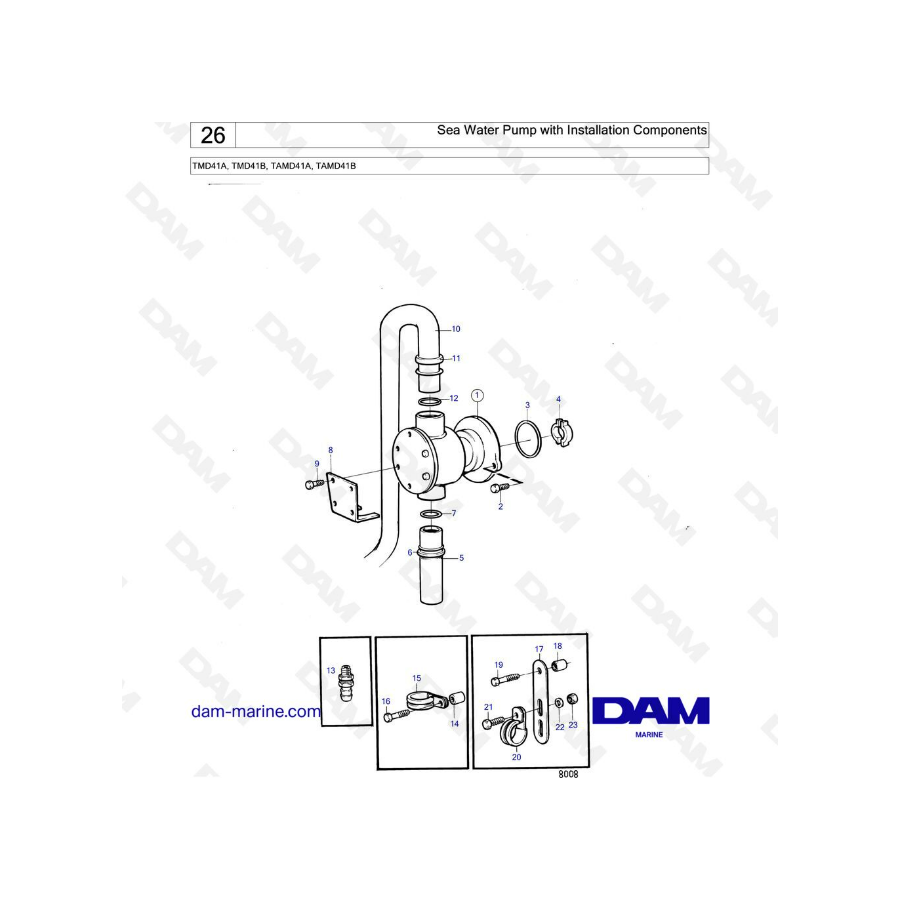 Volvo Penta TMD41A / TMD41B / TAMD41A / TAMD41B - Sea water pump with installation componentsd