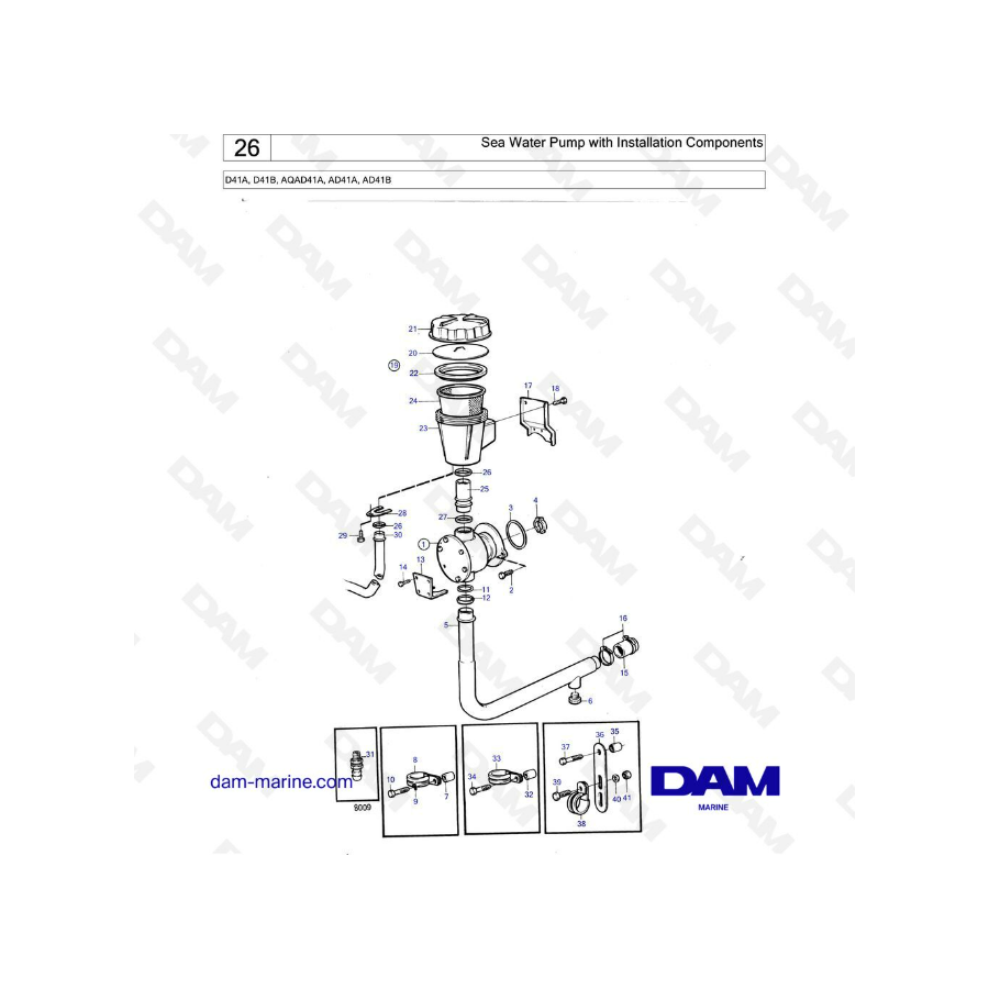 Volvo Penta D41A / D41B / AQAD41A / AD41A / AD41B - Bomba de agua de mar con componentes de instalación