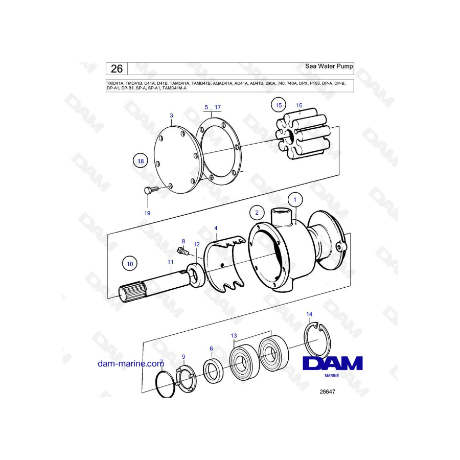 Volvo Penta TMD41A / TMD41B / D41A / D41B / TAMD41A / TAMD41B / AQAD41A / AD41A/B - Bomba de agua de mar