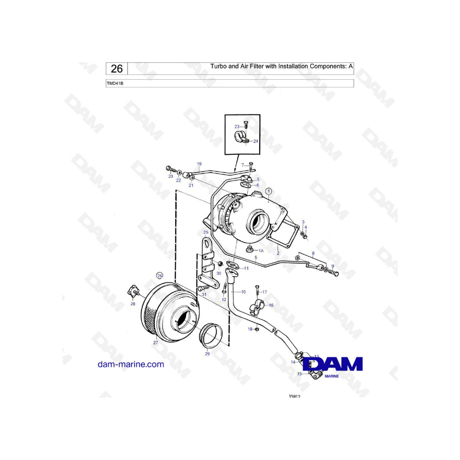 Volvo Penta TMD41B - Turbo y filtro de aire con componentes de instalación: A