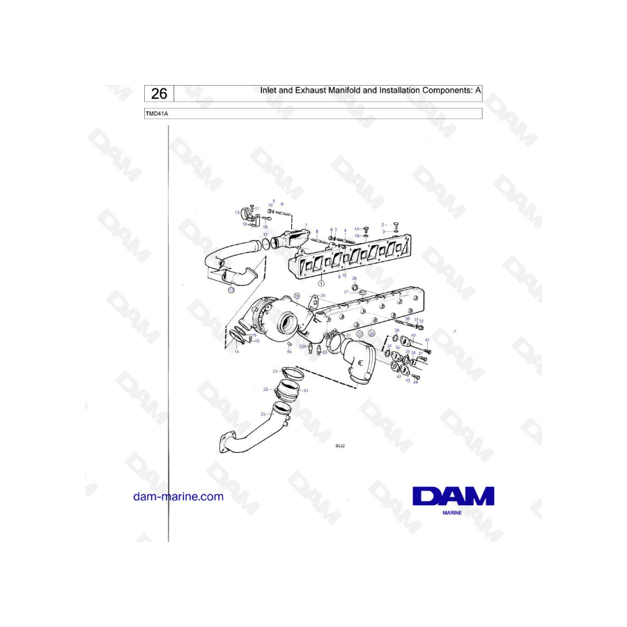 Volvo Penta TMD41A - Inlet and exhaust manifold and installation components: A