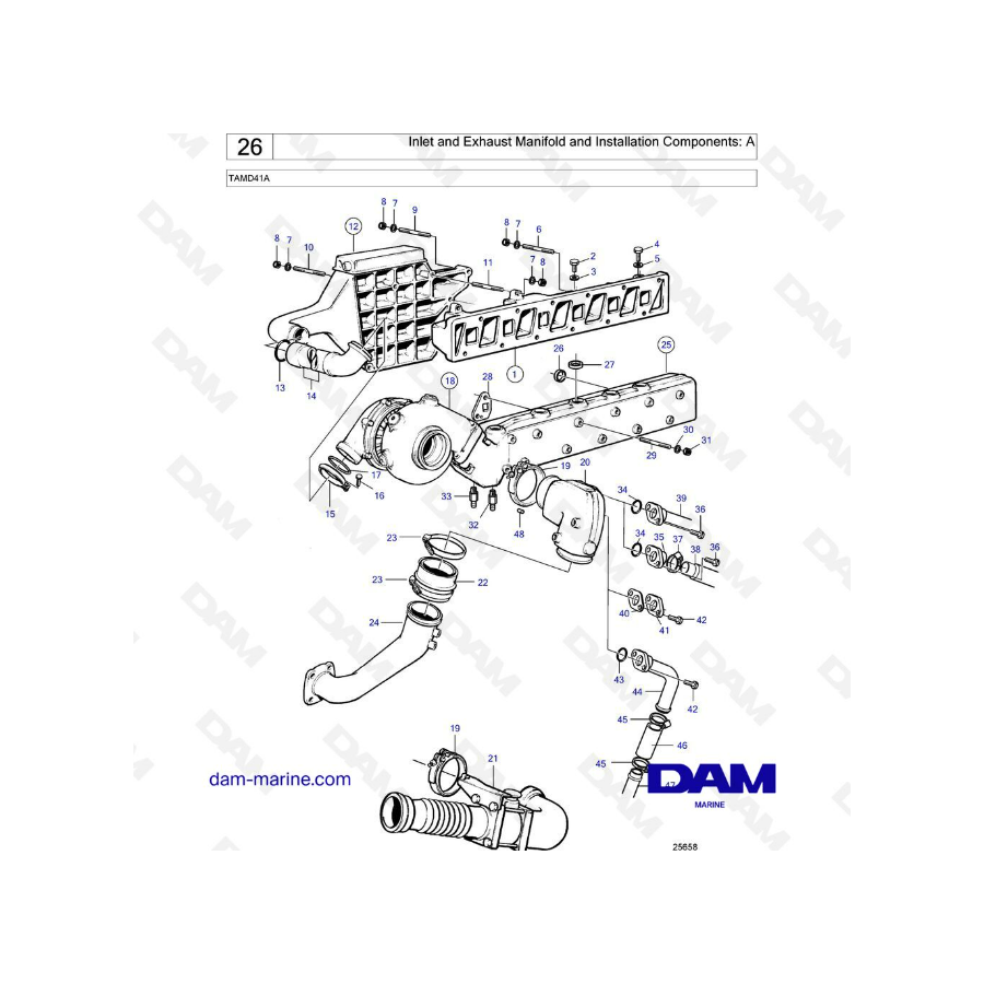 Volvo Penta TAMD41A - Inlet & exhaust manifold & installation components: A 