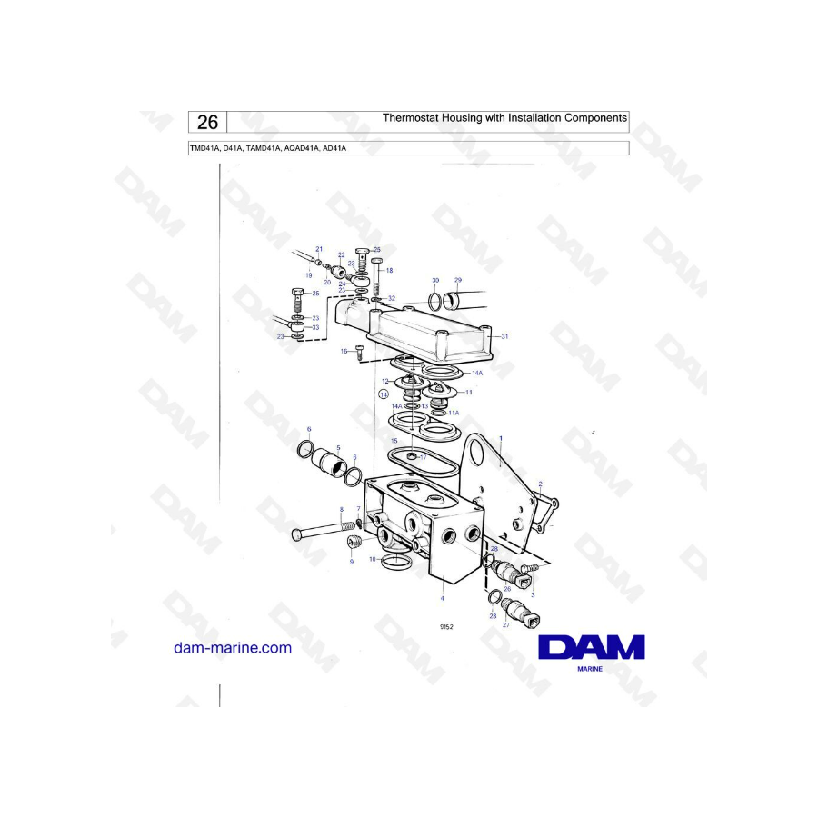 Volvo Penta TMD41A / D41A / TAMD41A / AQAD41A / AD41A - Thermostat housing with installation components