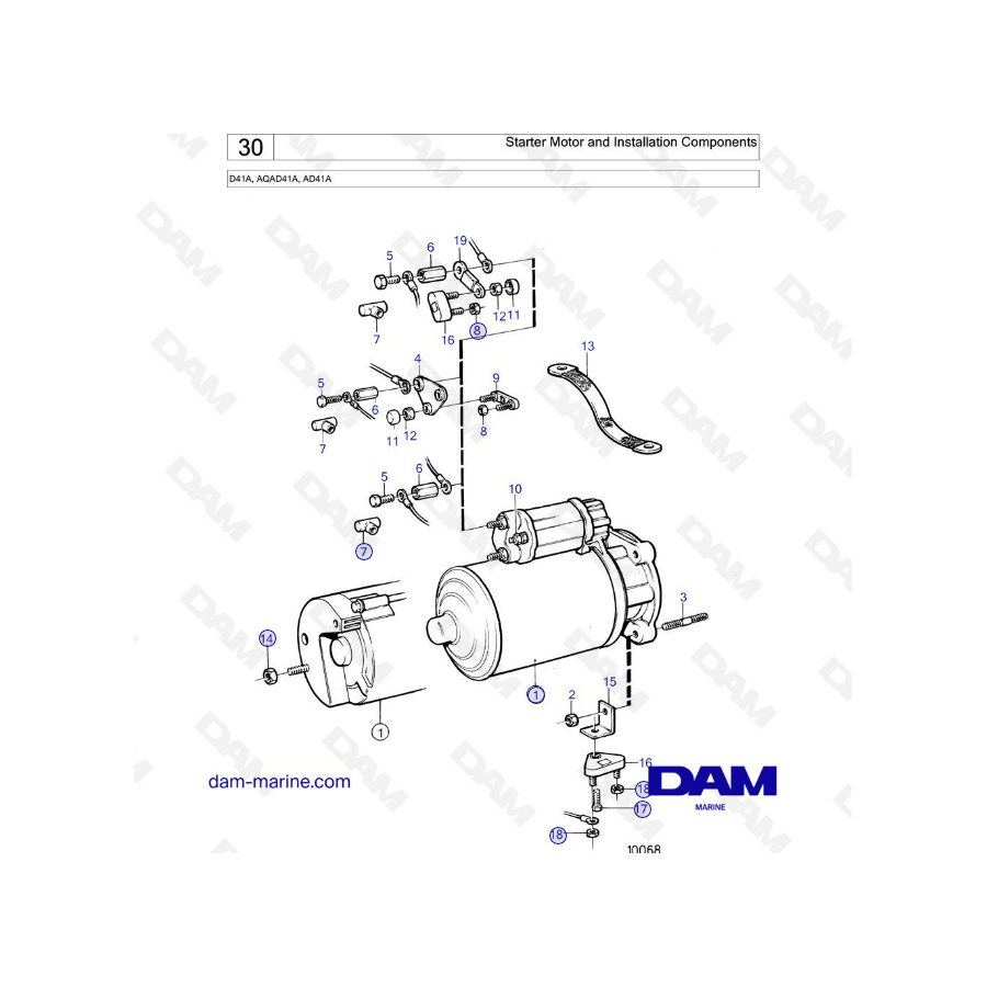 Volvo Penta D41A / AQAD41A / AD41A - Starter motor & installation components