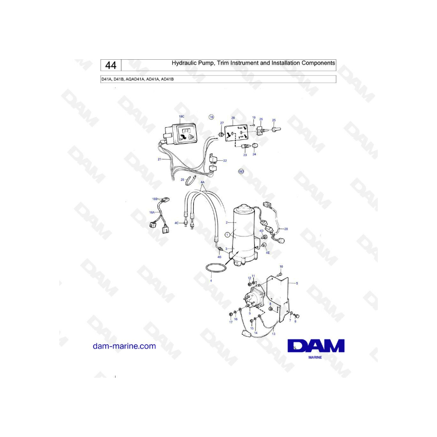 Volvo Penta D41A / D41B / AQAD41A / AD41A / AD41B - Bomba hidráulica, instrumentos de compensación y componentes de instalación