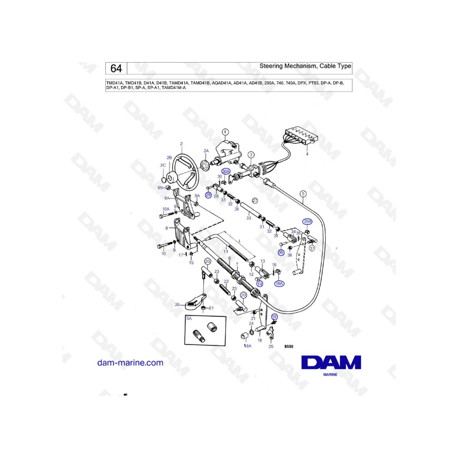 Volvo Penta TMD41A / TAMD41B / D41A / D41B / TAMD41A / TAMD41B - Mecanismo de dirección, tipo cable