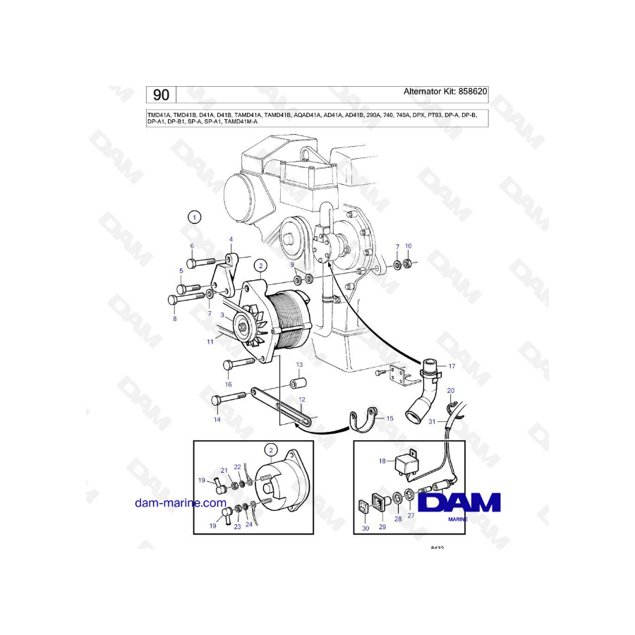 Volvo Penta TMD41A/TMD41B/D41A/D41B/TAMD41A/TAMD41B/AQAD41A/AD41A/AD41B - Alternator kit: 858620