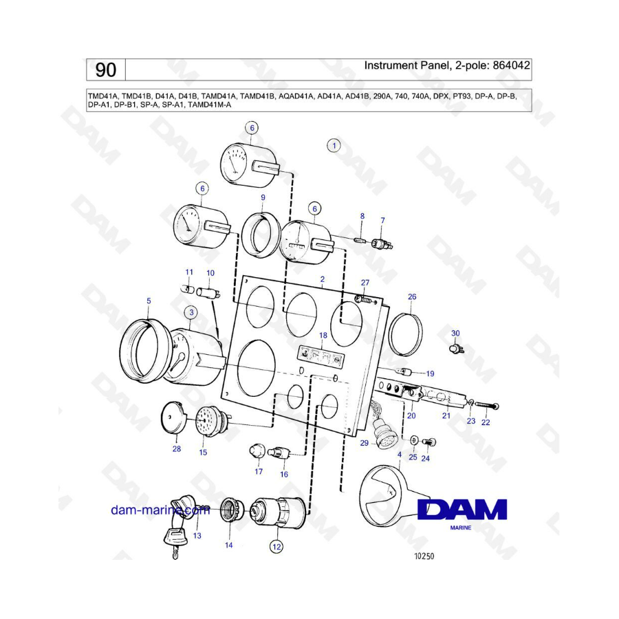 Volvo Penta TMD41A/TMD41B/D41A/D41B/TAMD41A/TAMD41B/AQAD41A/AD41A/AD41B - Instrument panel, 2 pole