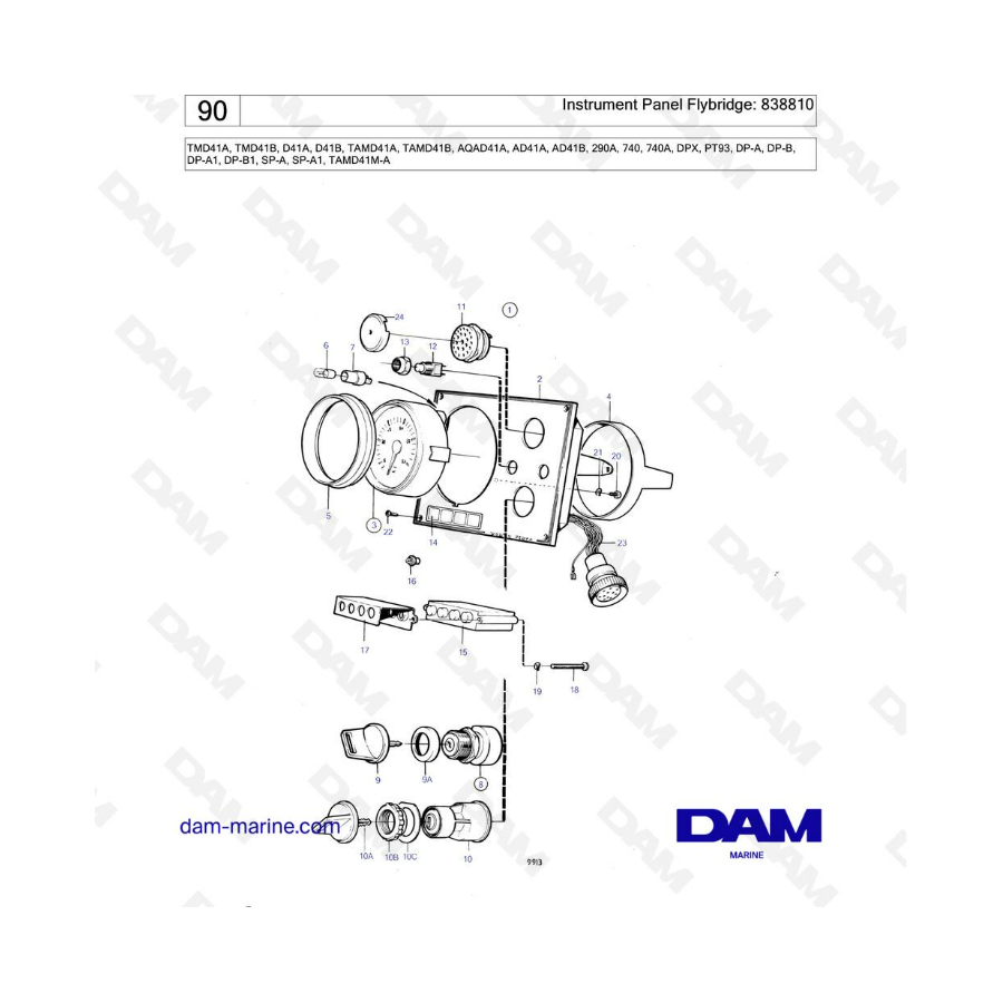 Volvo Penta TMD41A/TMD41B/D41A/D41B/TAMD41A/TAMD41B/AQAD41A/AD41A/AD41B - Instrument panel flybridge