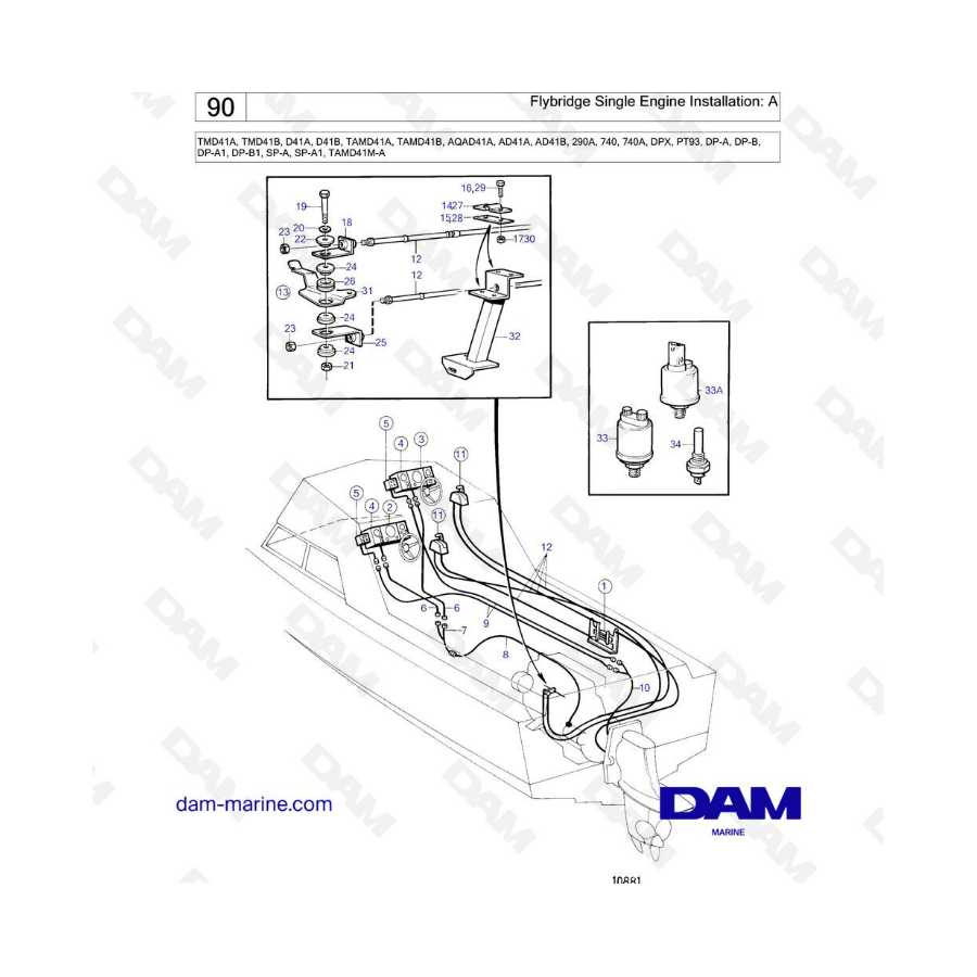 Volvo Penta TMD41A/TMD41B/D41A/D41B/TAMD41A/TAMD41B/AQAD41A/AD41A/AD41B - Flybridge single engine installation: A