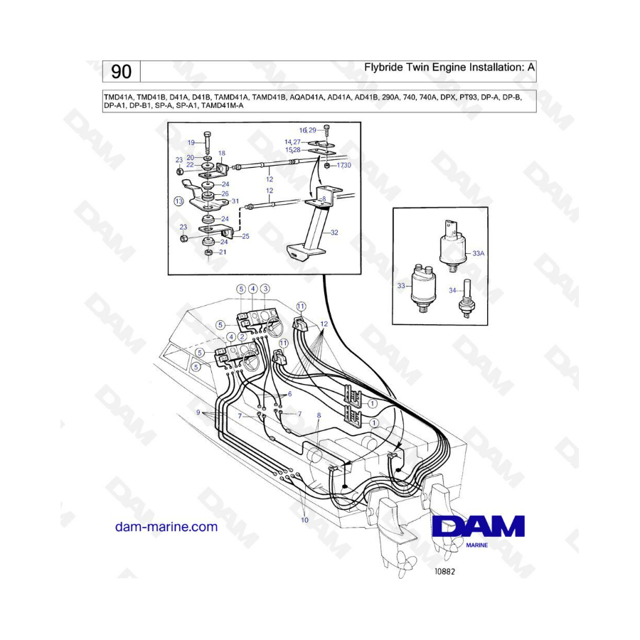 Volvo Penta TMD41A/TMD41B/D41A/D41B/TAMD41A/TAMD41B/AQAD41A/AD41A/AD41B - Instalación bimotor en flybridge: A