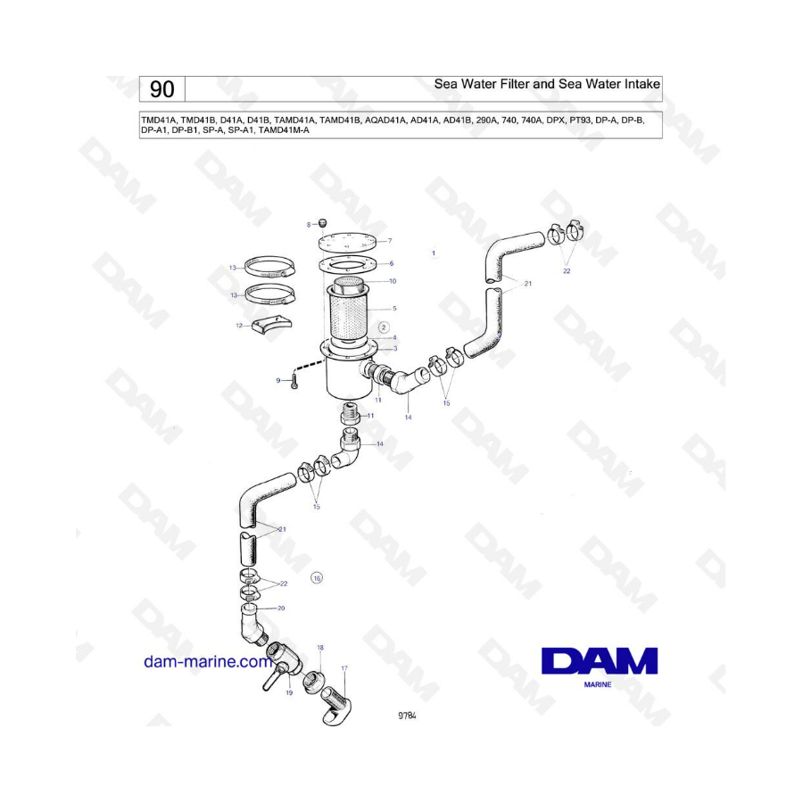 Volvo Penta TMD41A/TMD41B/D41A/D41B/TAMD41A/TAMD41B/AQAD41A/AD41A/AD41B - Admisión y filtro de agua de mar