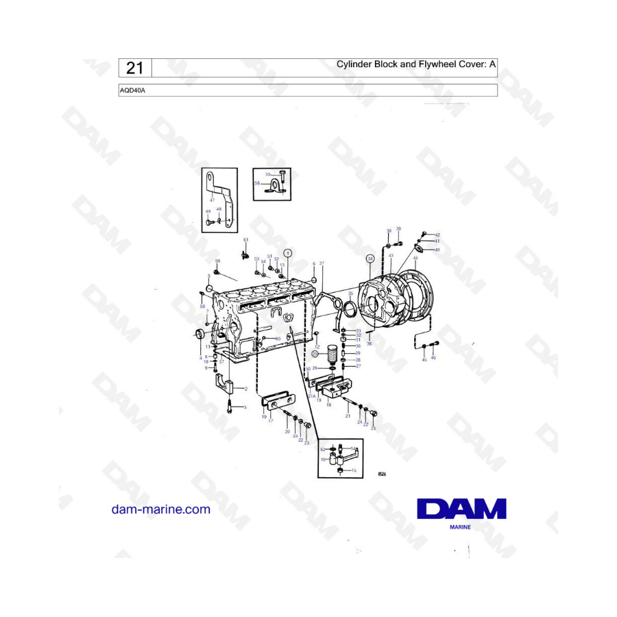 Volvo Penta AQD40A - Bloque de cilindros y cubierta del volante: A