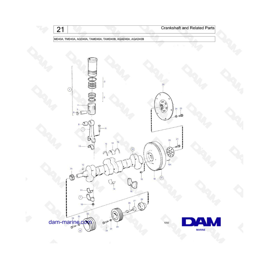 Volvo Penta MD40A / TMD40A / AQD40A / TAMD40A / TAMD40B / AQAD40A / AQAD40B - Cigüeñal y piezas relacionadas