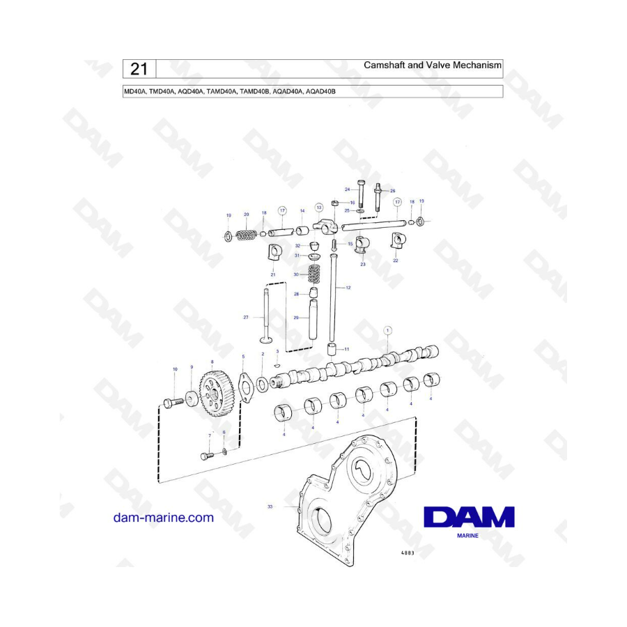 Volvo Penta MD40A / TMD40A / AQD40A / TAMD40A / TAMD40B / AQAD40A / AQAD40B - Árbol de levas y mecanismo de válvula