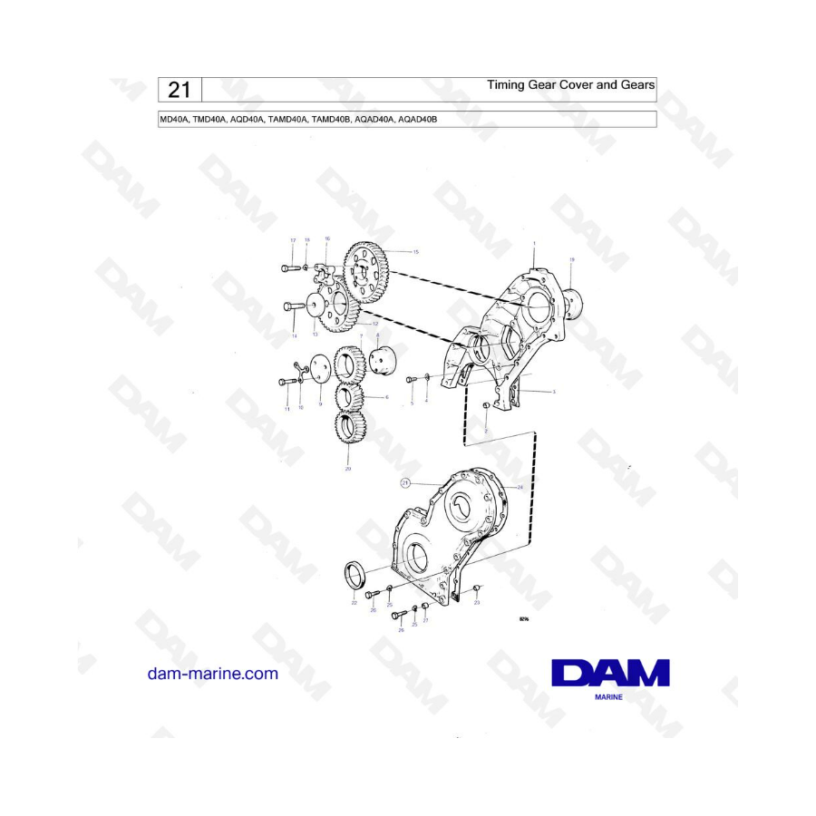 Volvo Penta MD40A / TMD40A / AQD40A / TAMD40A / TAMD40B / AQAD40A / AQAD40B - Timing gear cover & gears