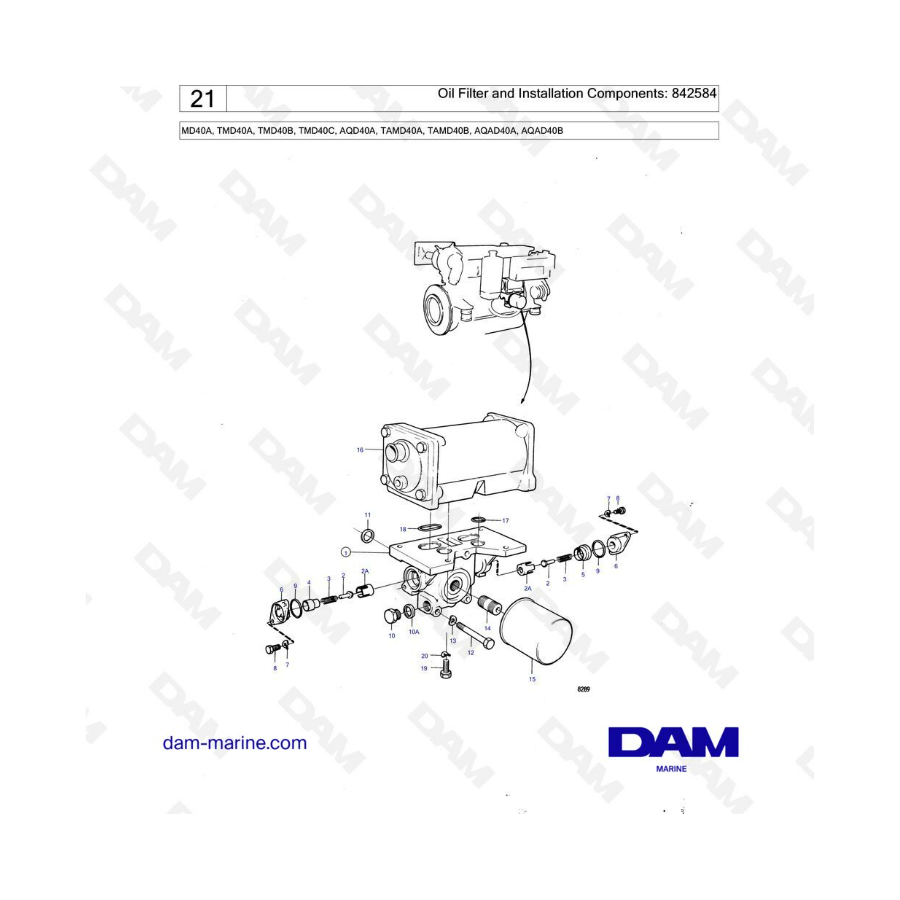 Volvo Penta MD40A/TMD40A/TMD40B/TMD40C/AQD40A/TAMD40A/TAMD40B/AQAD40A/AQAD40B - Filtro de aceite y componentes de instalación